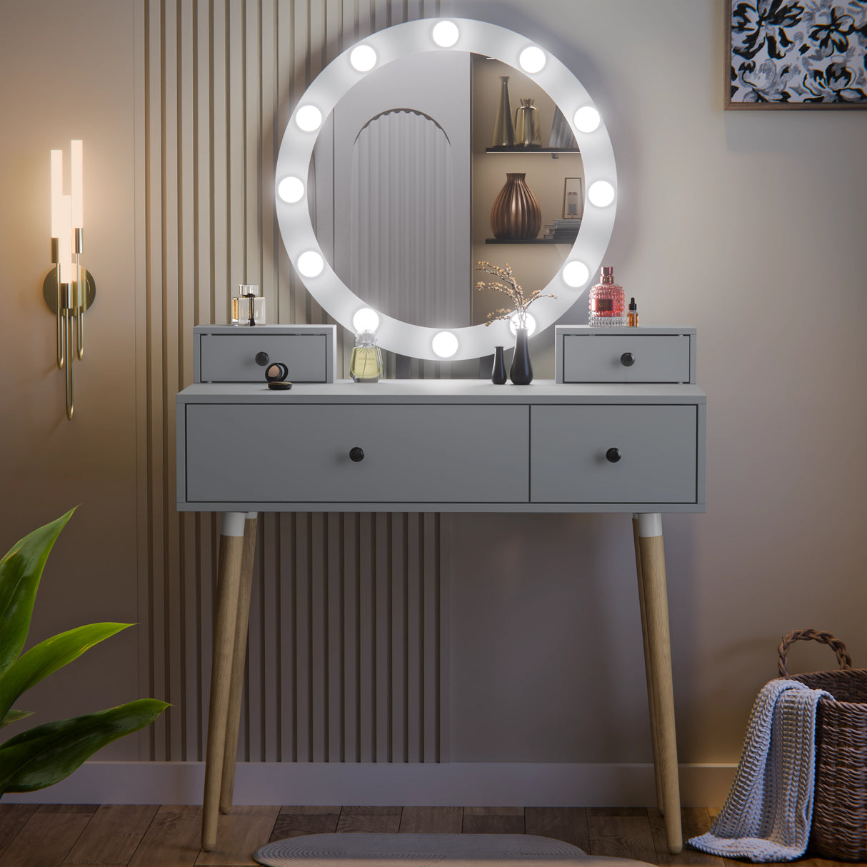 Dressing table with round mirror and lights in a room setting