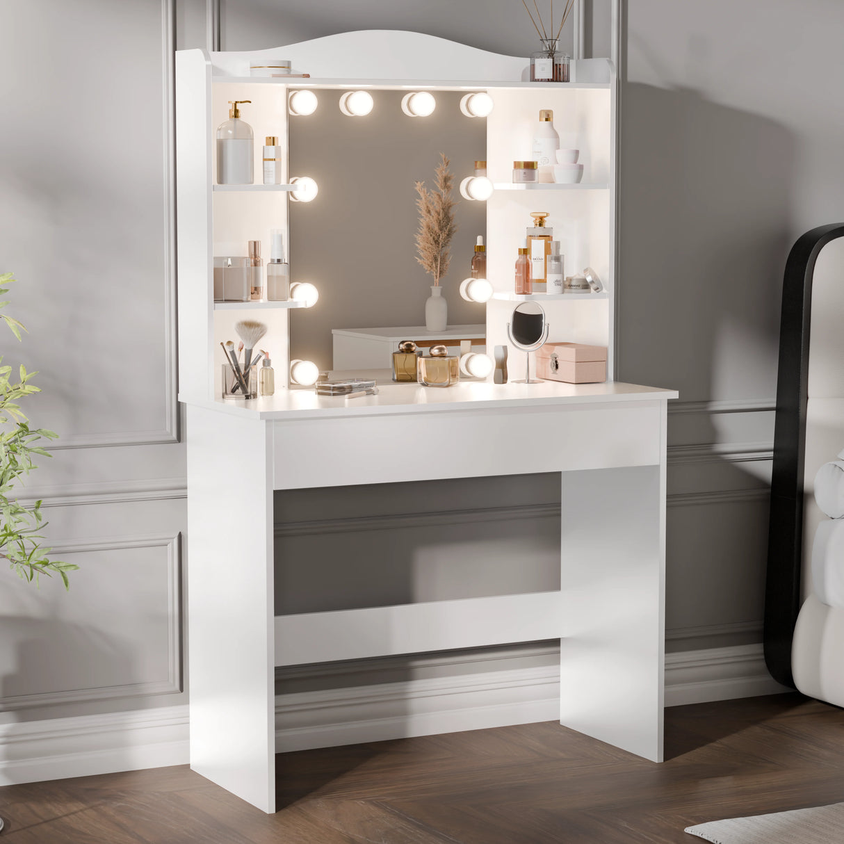White vanity table with mirror and lights in a room setting