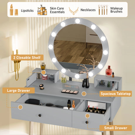 Makeup vanity table with mirror, shelves, and drawers in a room setting.