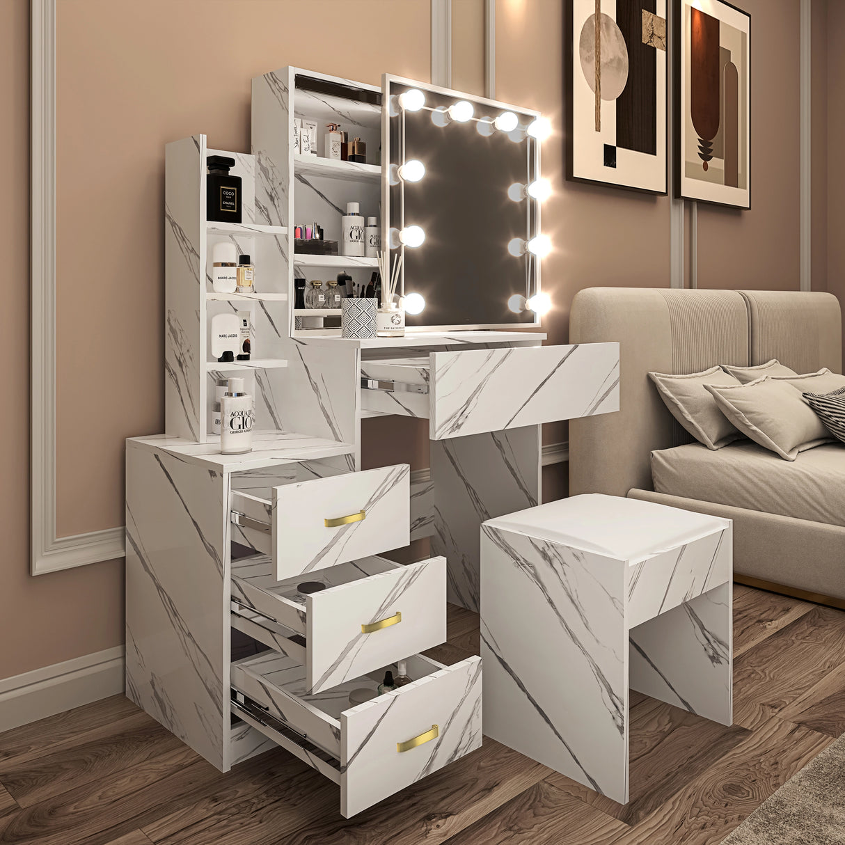 Marble-patterned vanity table with lights, drawers, and a stool in a room setting.