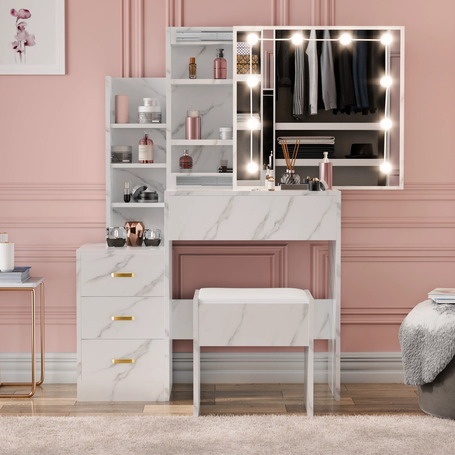 Modern vanity with marble design, mirror with lights, and shelves against a pink wall.