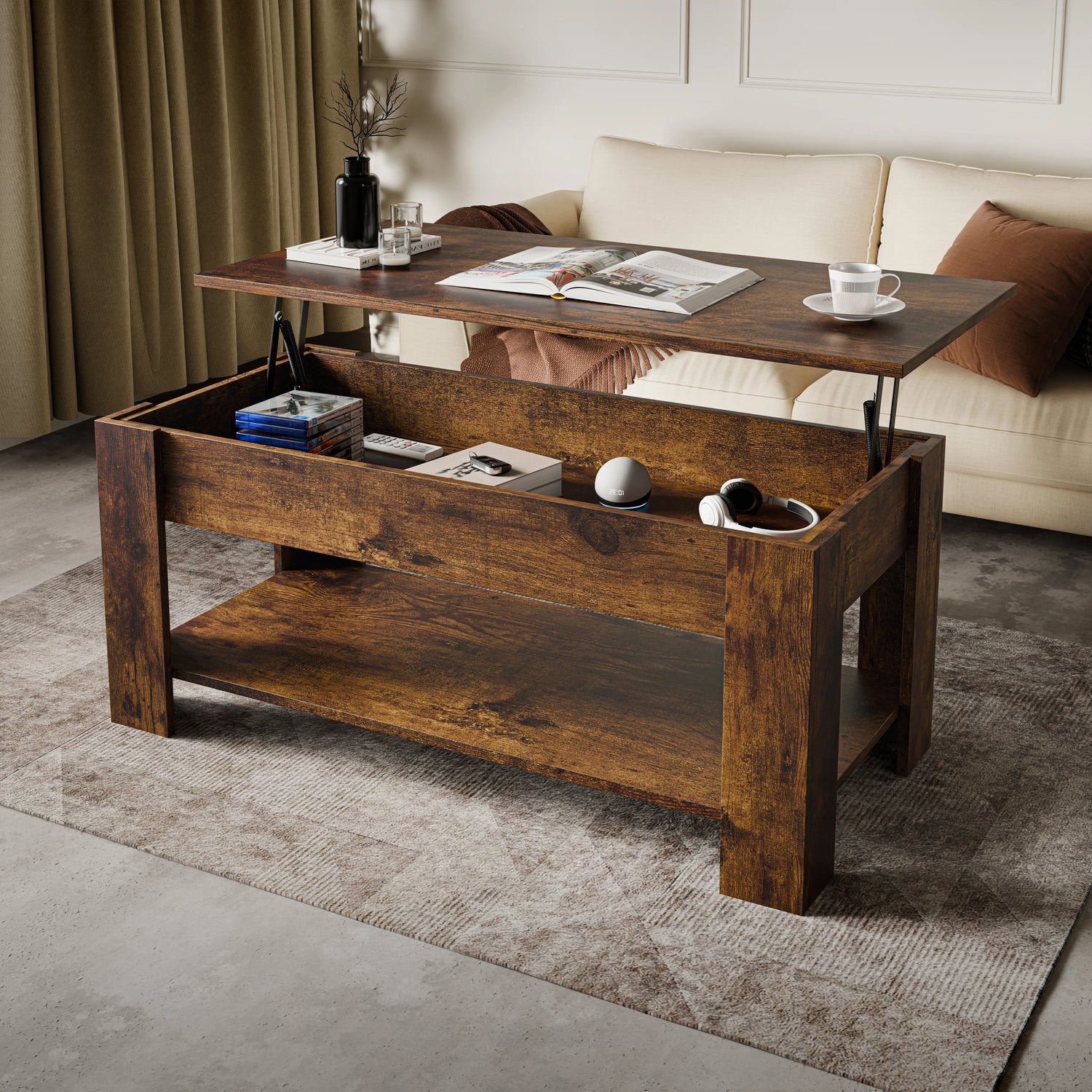 Lift top coffee table with storage in rustic brown finish, 100cm wide, ideal for modern living rooms with hidden compartment and open shelf.