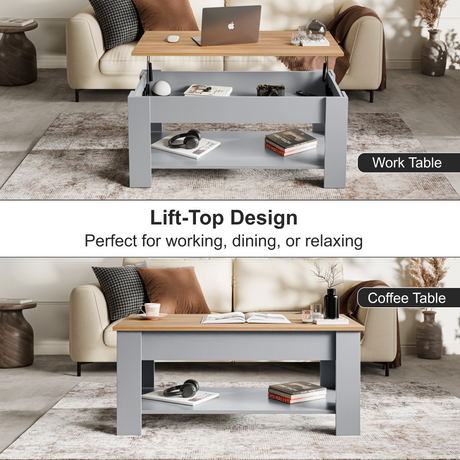 Lift top coffee table with storage in light grey finish and oak top, 100cm wide, ideal for modern living rooms with hidden compartment and lower shelf.