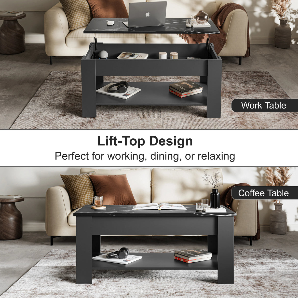 Lift top coffee table with storage in black finish, shown in raised and closed positions for use as work or coffee table in modern living room.