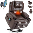 Brown massage chair with heating and massage lights, remote controls included.