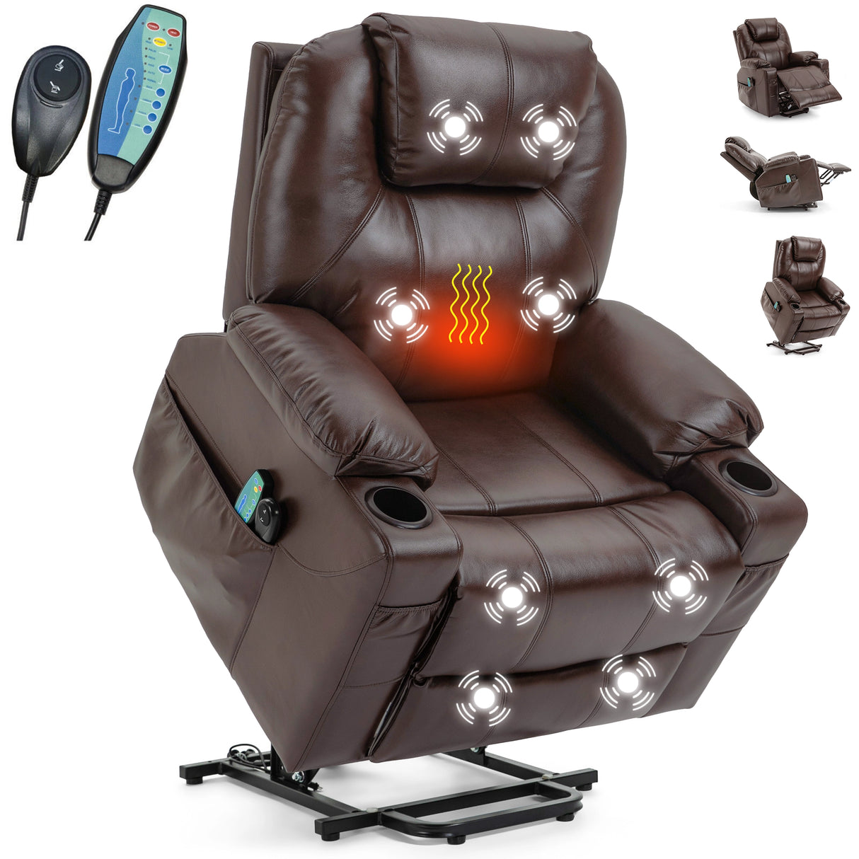 Brown massage chair with heating and massage lights, remote controls included.