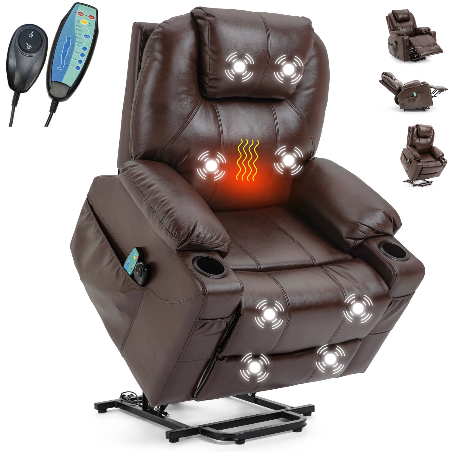 Brown massage chair with heating and massage lights, remote controls included.