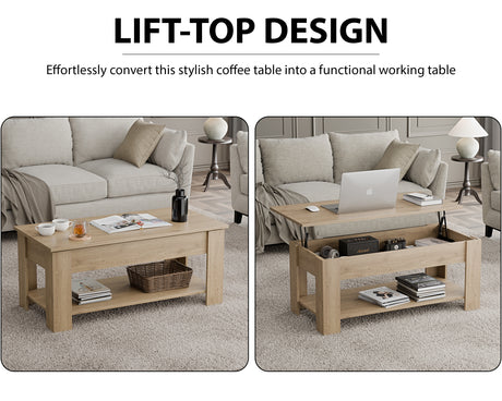 Lift Top Storage Coffee Table in oak finish, shown closed and open with hidden storage and workspace, ideal for modern UK living rooms.