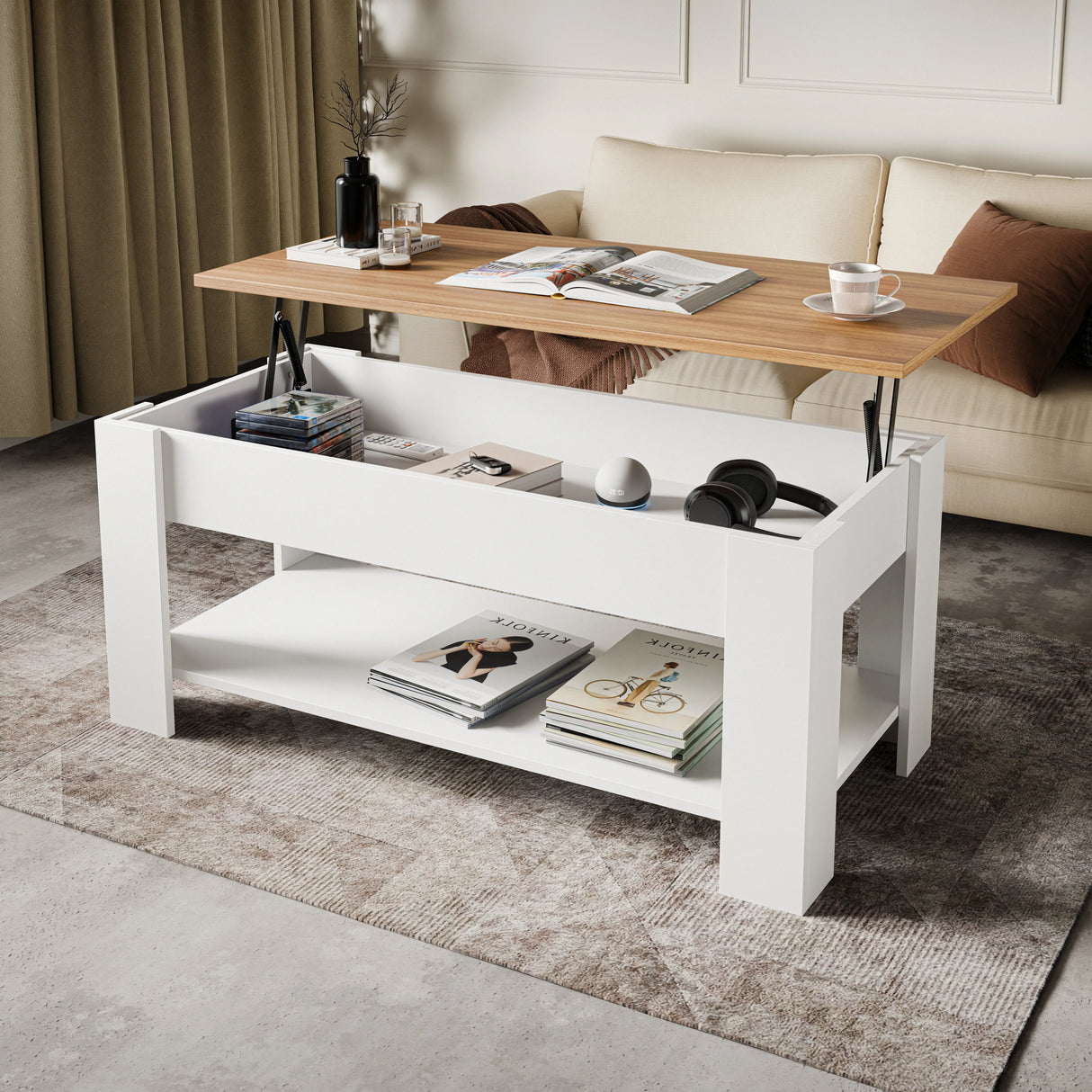 Lift top coffee table with storage in white and pine finish, 100cm wide, ideal for modern living rooms with hidden compartments and open shelf.