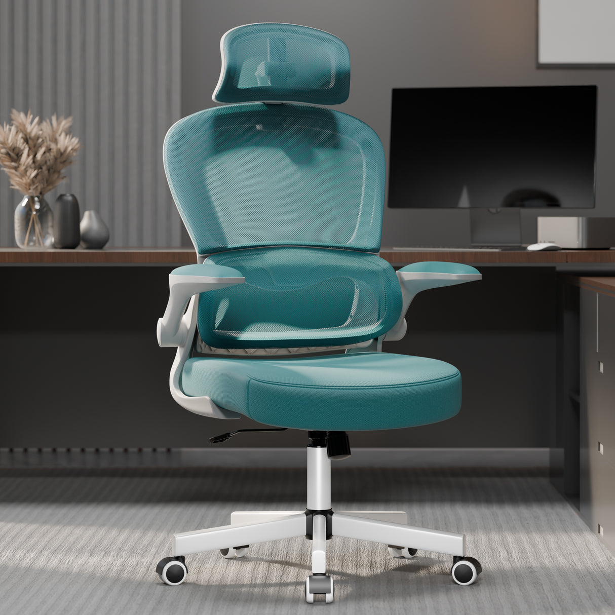 Light blue mesh comfortable office chair with breathable backrest and padded armrests.