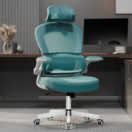 Light blue mesh comfortable office chair with breathable backrest and padded armrests.