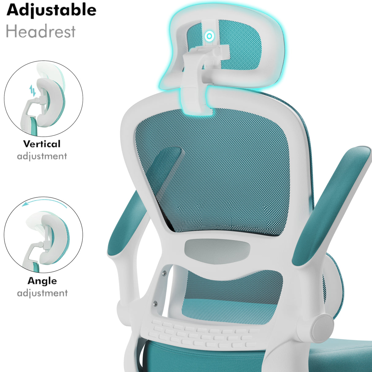 Light blue high back office chair featuring swivel base and ergonomic lumbar support.