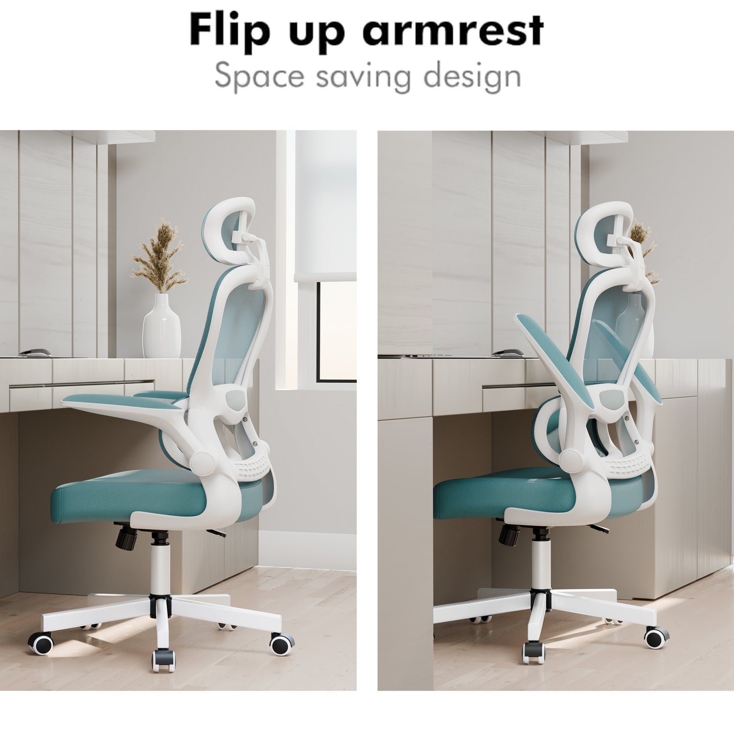Light blue high back chairs showing ergonomic S-curve design and adjustable headrest.