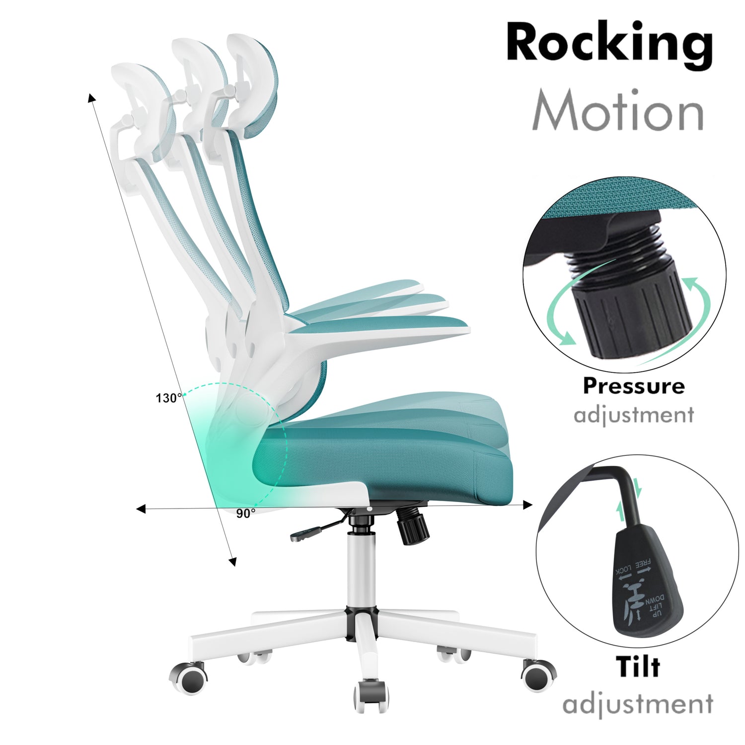 Rocking and reclining features on this light blue ergonomic adjustable chair with headrest.