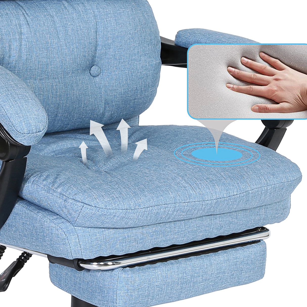 Plush seat of the light blue linen comfy office chair with detailed inset highlighting thick foam padding