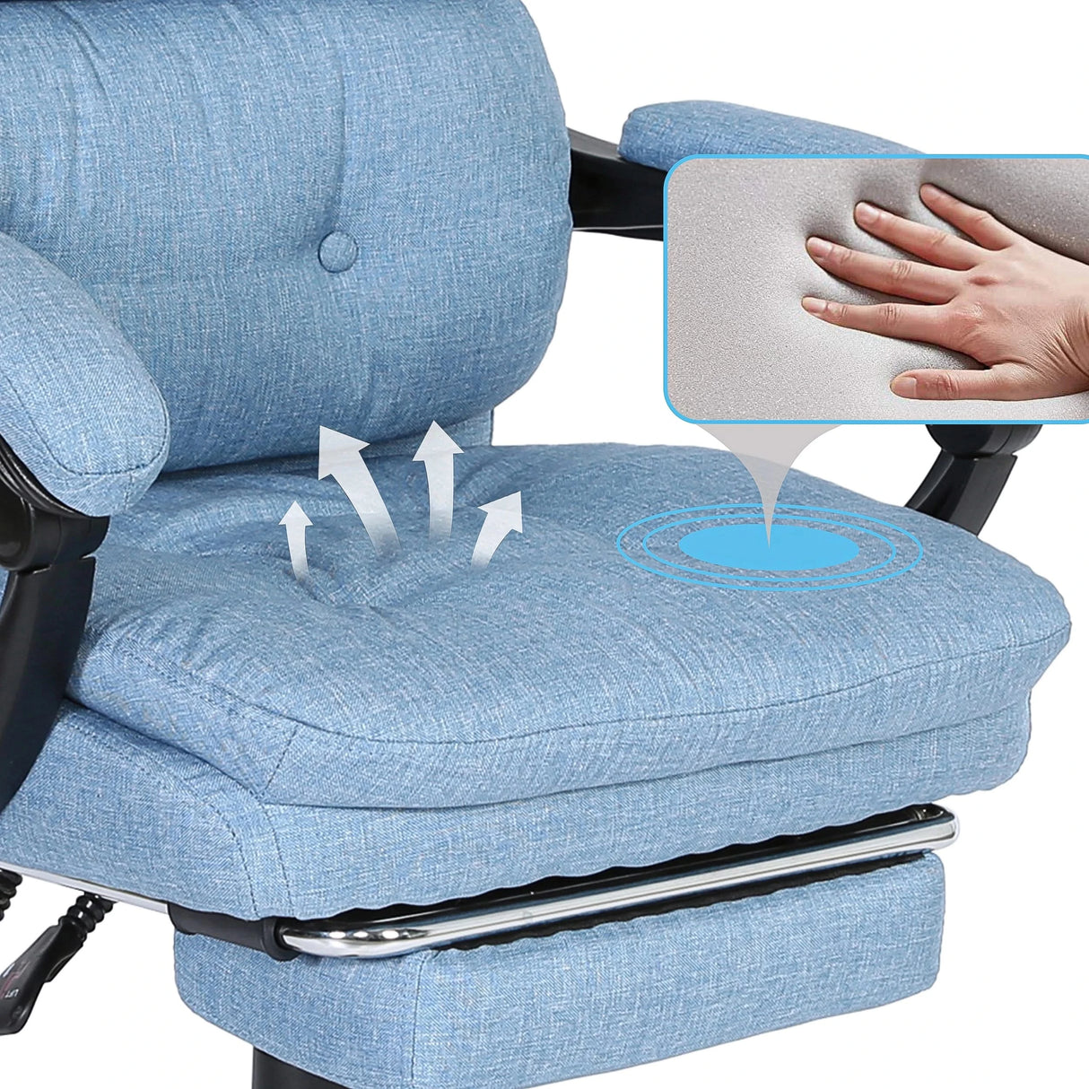 Plush seat of the light blue linen comfy office chair with detailed inset highlighting thick foam padding