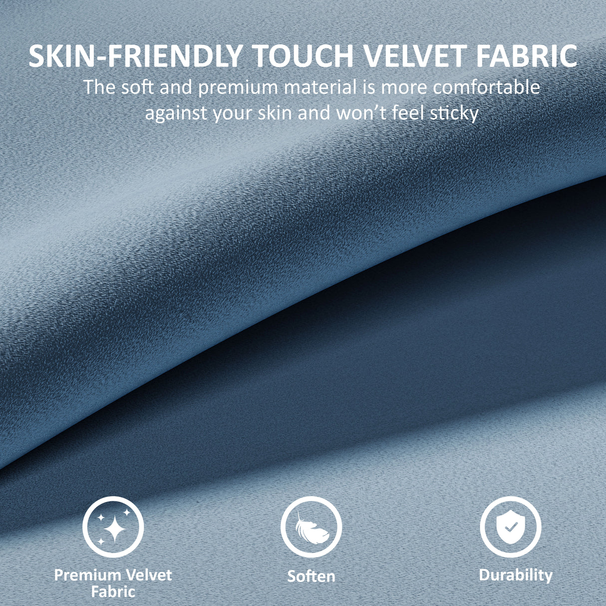 Blue velvet fabric with text about skin-friendly touch and fabric properties.