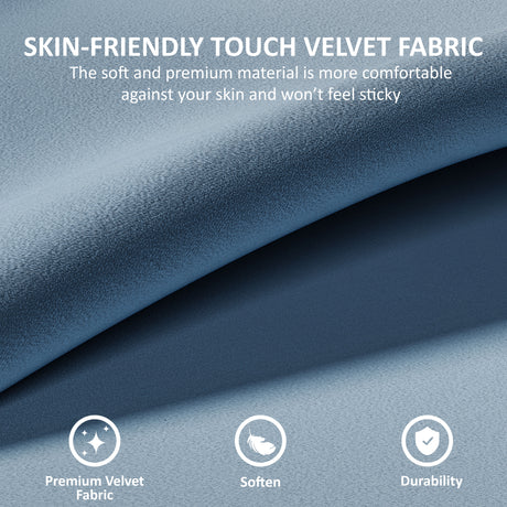 Blue velvet fabric with text about skin-friendly touch and fabric properties.