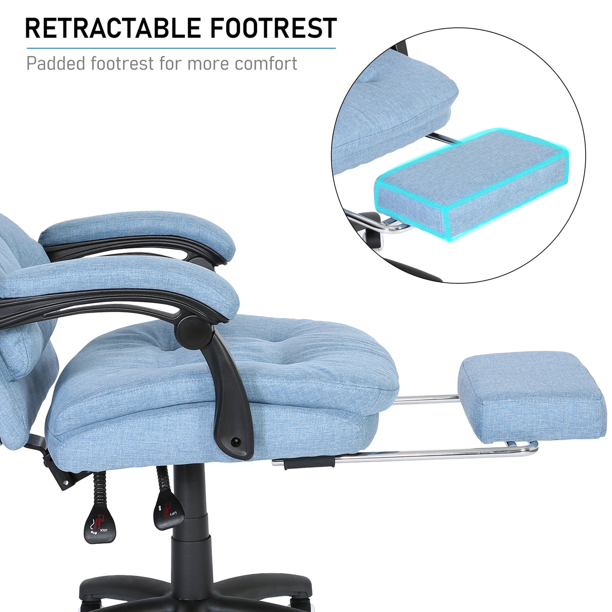 The light blue linen computer desk chair reclined with footrest extended, armrests folded back, in a bright workspace.