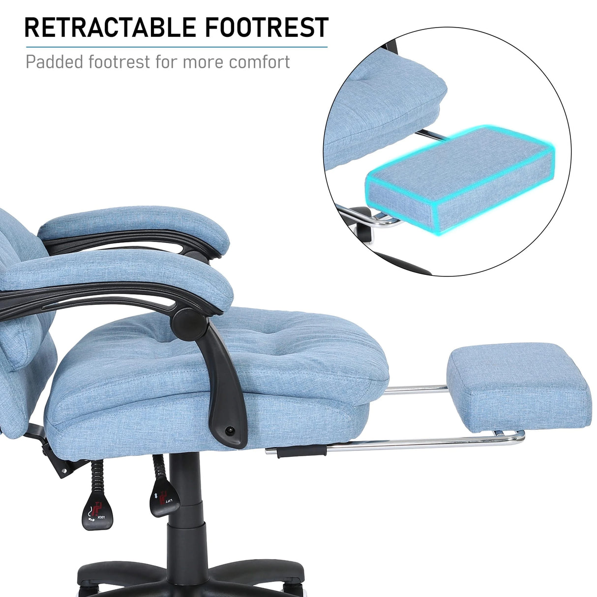 The light blue linen computer desk chair reclined with footrest extended, armrests folded back, in a bright workspace.