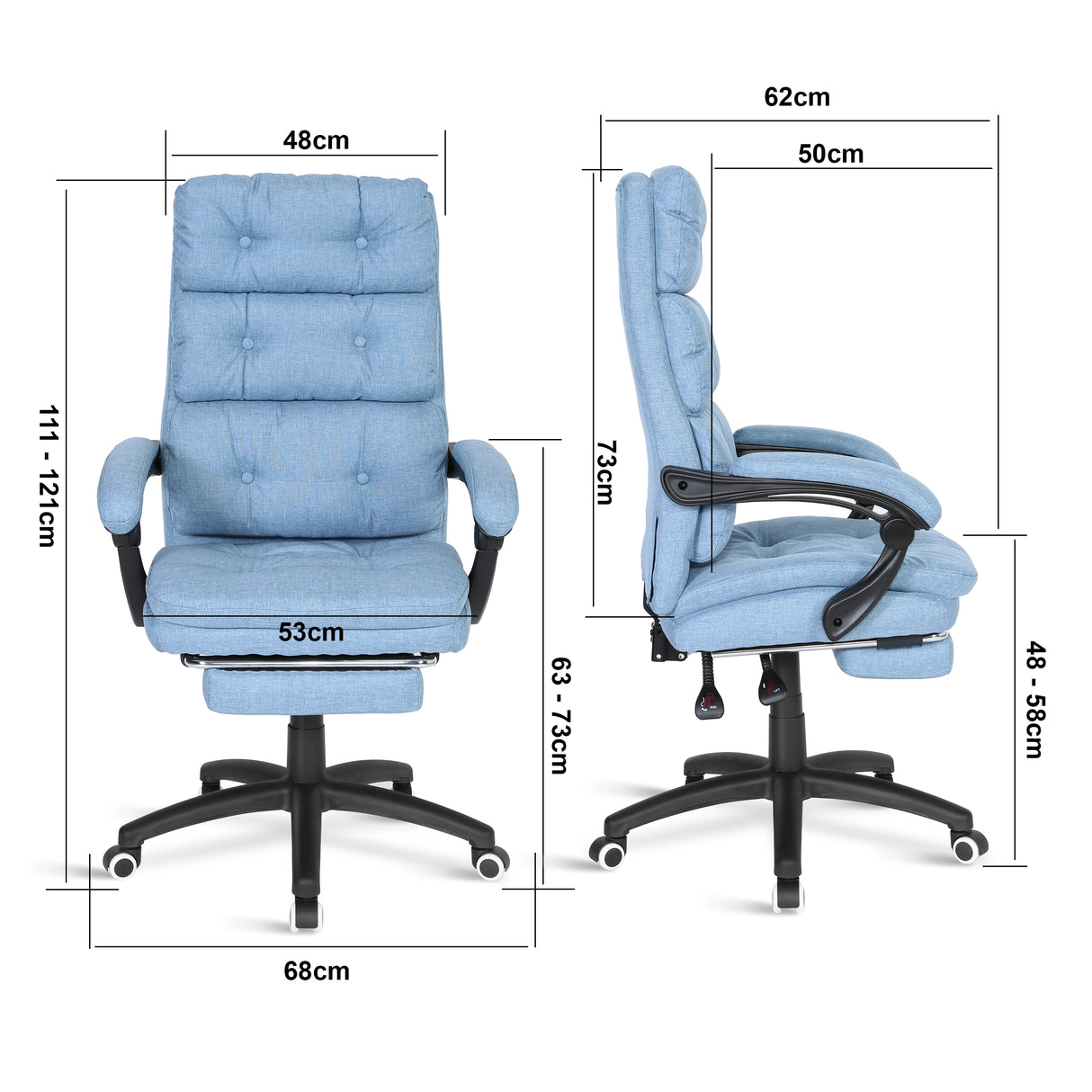 Dimensions overlaid on the light blue linen linen office chair: 53cm seat width, 68cm wheelbase, and height from 63 to 73cm.