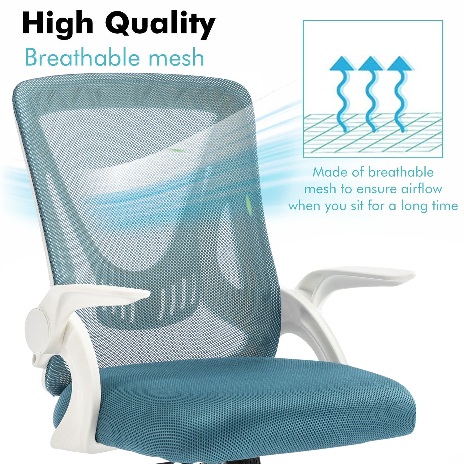 Light blue mesh chair with breathable backrest, designed to prevent sweating during long working hours.