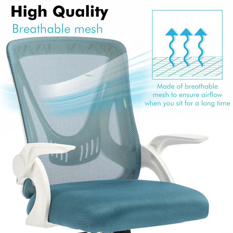 Light blue mesh chair with breathable backrest, designed to prevent sweating during long working hours.