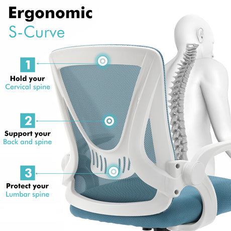 Light blue lumbar support chair with breathable mesh backrest, promoting healthy posture while sitting.