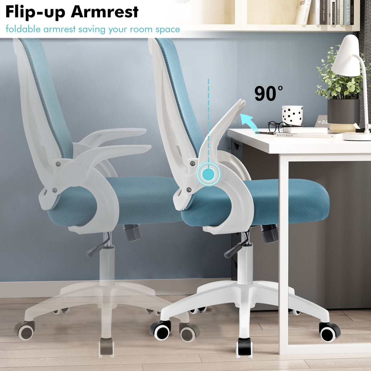Light blue comfy desk chair with flip-up armrests, making it perfect for home office spaces.