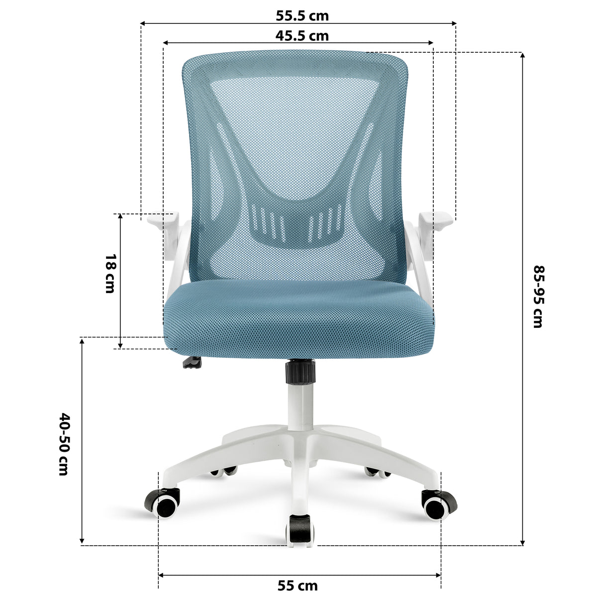 light blue adjustable office chair dimension: 45.5cm seat width, 55cm wheelbase, adjustable 85–95cm height and mesh backrest.