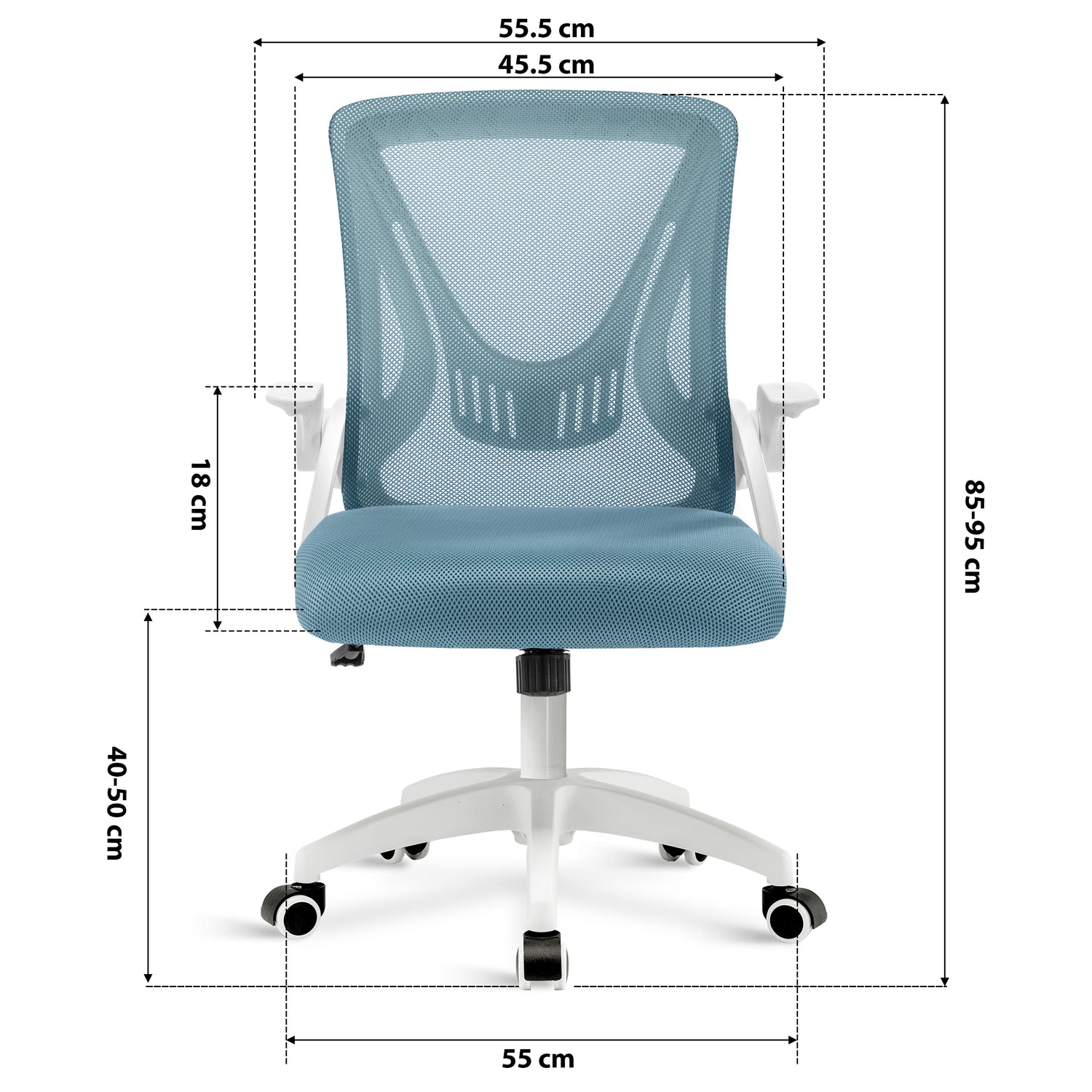light blue adjustable office chair dimension: 45.5cm seat width, 55cm wheelbase, adjustable 85–95cm height and mesh backrest.
