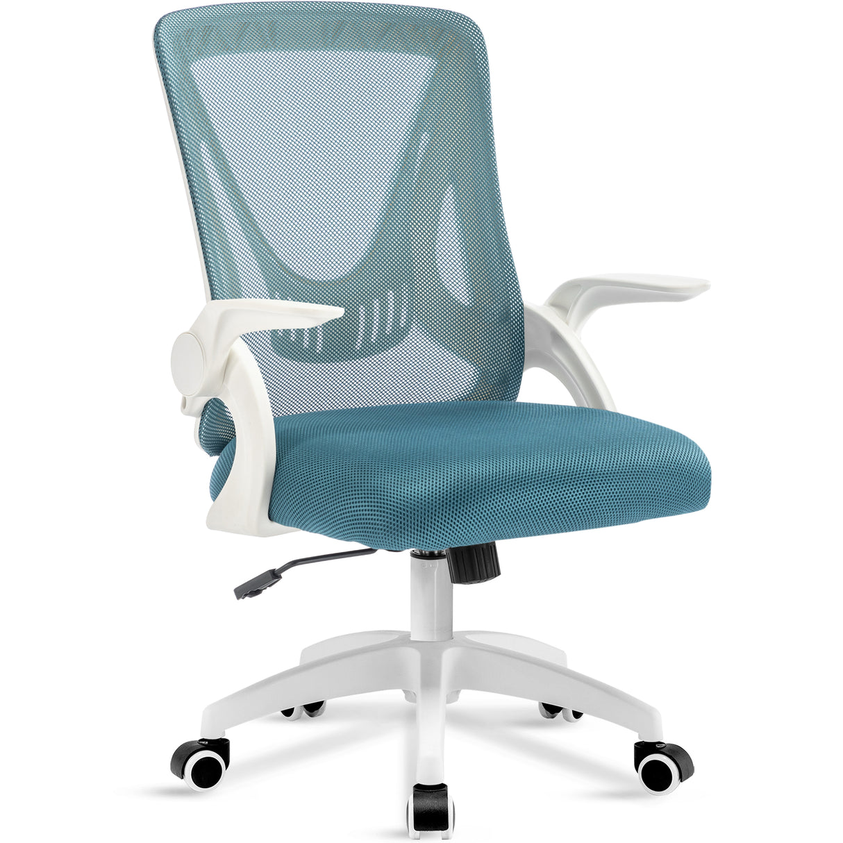Light blue small office task chair with mesh backrest, padded seat, and adjustable height for personalized comfort.