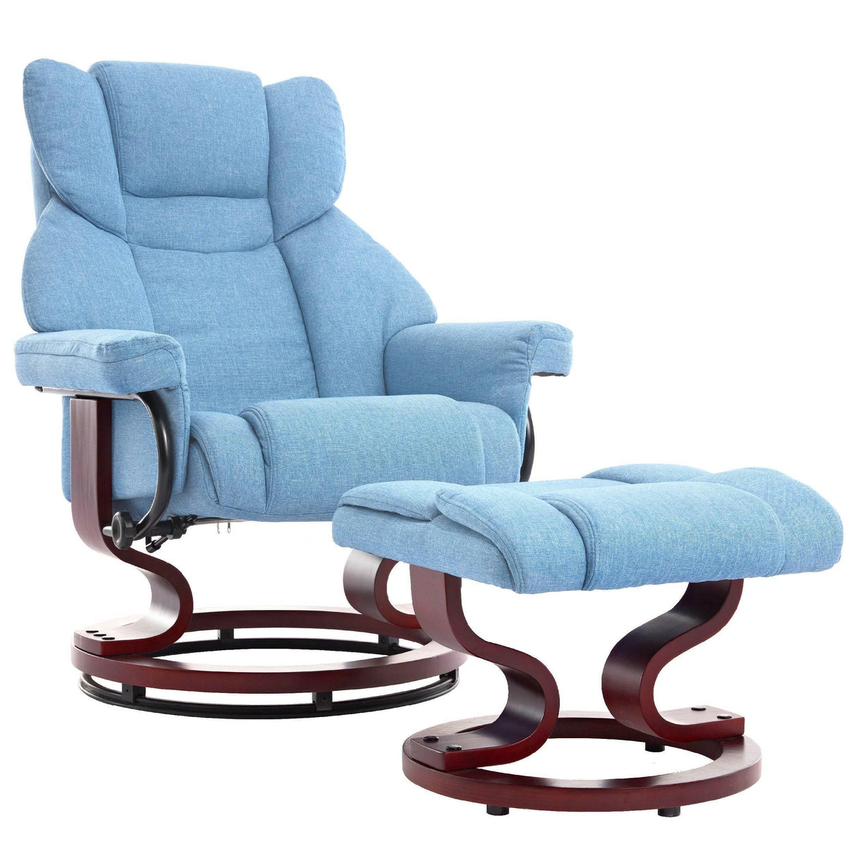 Light blue Recliner Swivel Armchair With Footstool | Lounge Chair with ergonomic backrest and matching footstool for full-body comfort.