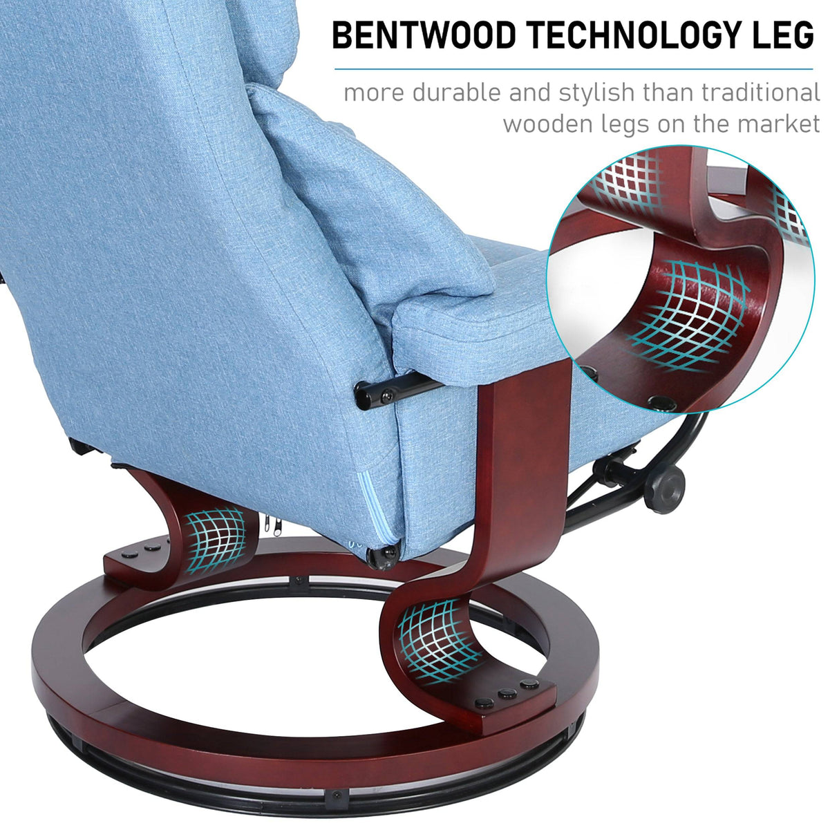 Light blue Recliner Swivel Armchair With Footstool | Lounge Chair with bentwood technology legs for modern durability and sleek design.