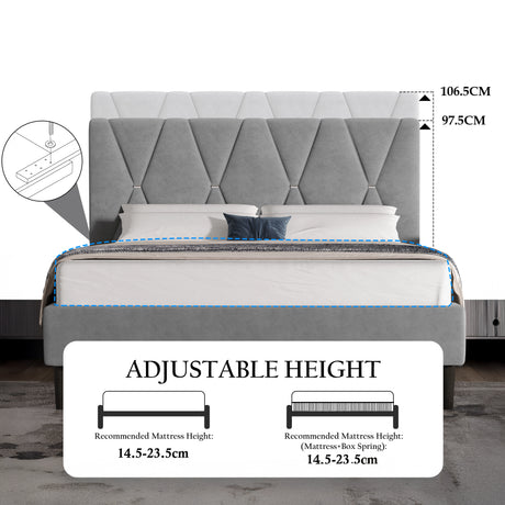 Gray upholstered bed with mattress and measurements on a white background