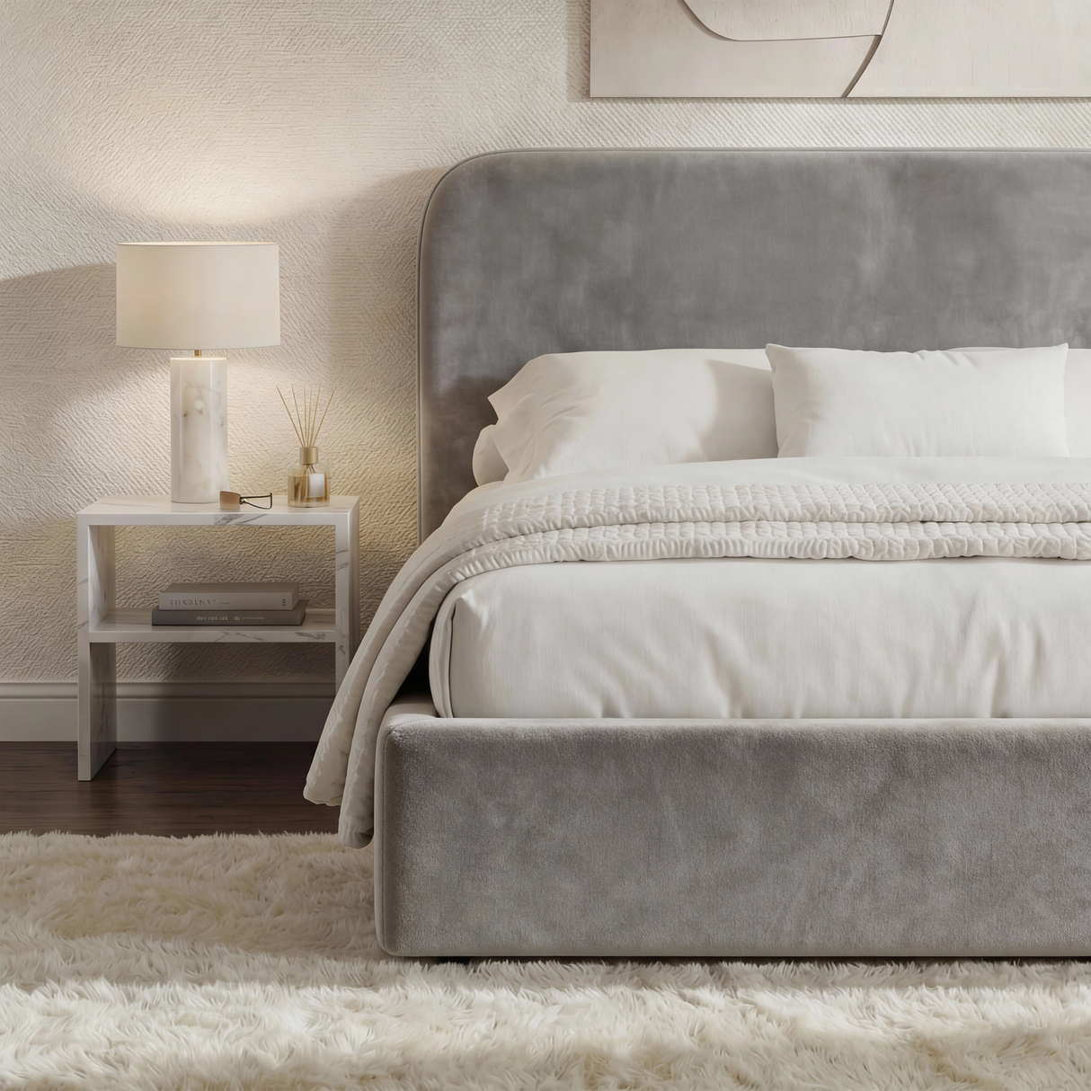 Side view of light grey velvet double ottoman bed with upholstered base, low frame design, and smooth fabric finish