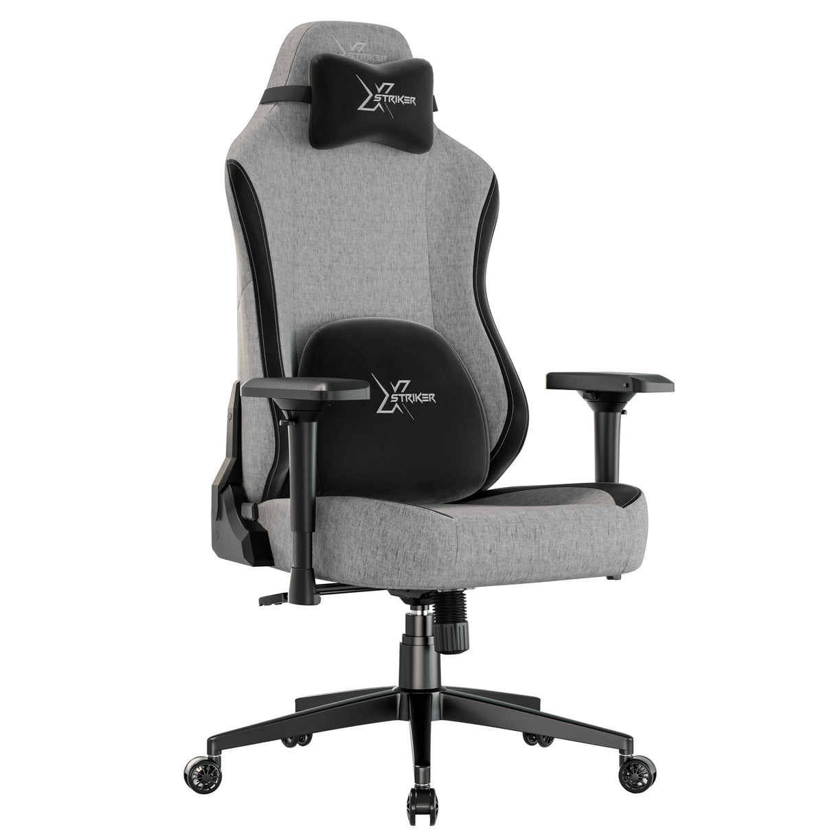 Xstriker Ergonomic Fabric Gaming Chair with 4D armrests in grey and black, featuring lumbar and neck support for adult gamers. Ideal for home or office setups.