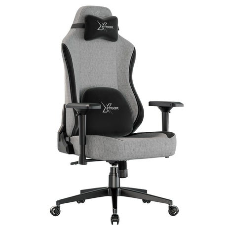 Xstriker Ergonomic Fabric Gaming Chair with 4D armrests in grey and black, featuring lumbar and neck support for adult gamers. Ideal for home or office setups.