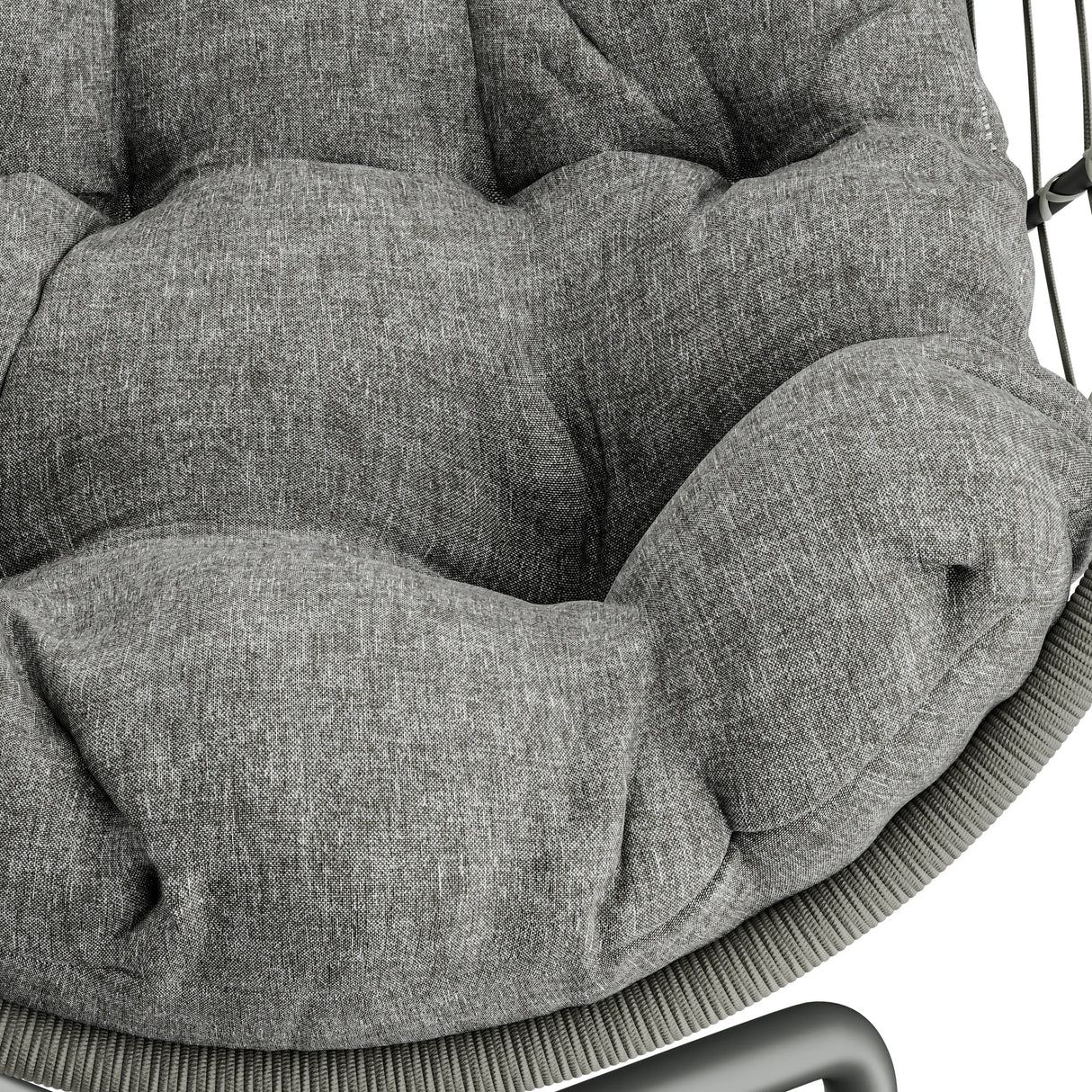 Light grey hanging egg chair with soft cushion, perfect for outdoor relaxation.