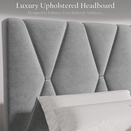Gray upholstered headboard with geometric design, featuring text 'Luxury Upholstered Headboard Designed to Enhance Your Bedroom Ambience.'.