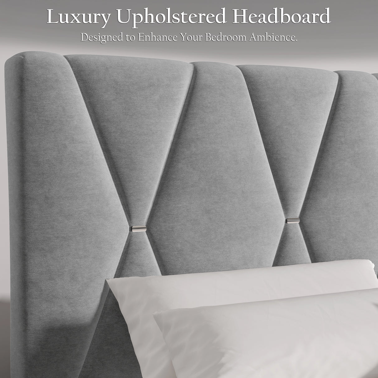 Gray upholstered headboard with geometric design, featuring text 'Luxury Upholstered Headboard Designed to Enhance Your Bedroom Ambience.'.