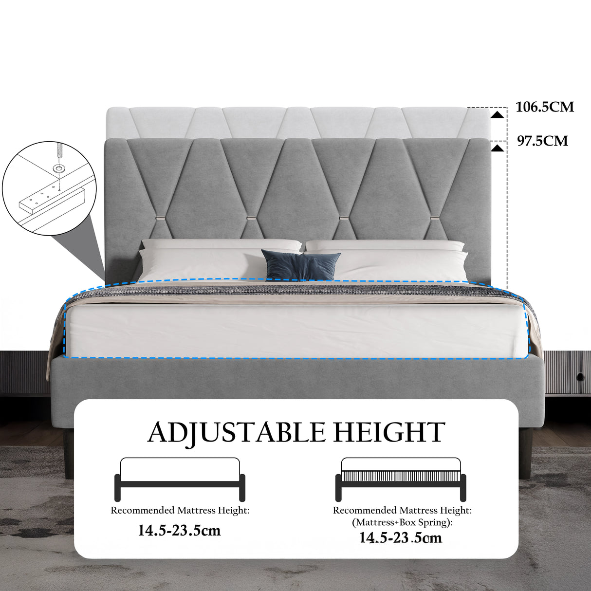 Gray upholstered bed with mattress and measurements on a white background