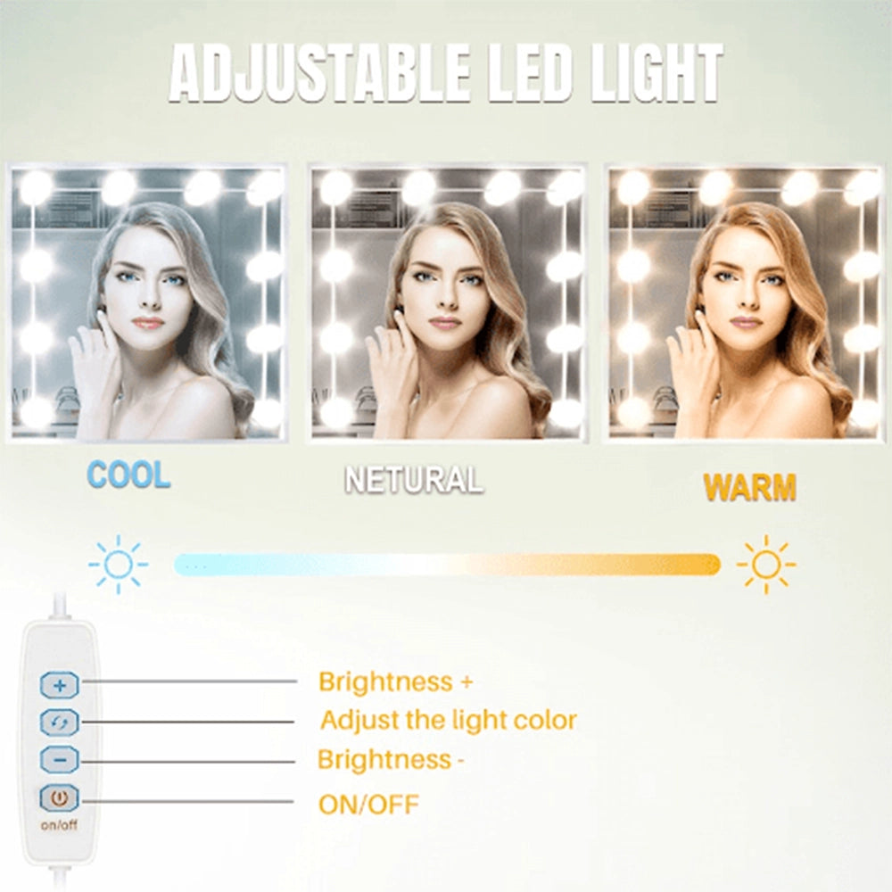 Adjustable LED light system with remote showing three colour modes: warm, natural, and cool light with adjustable brightness