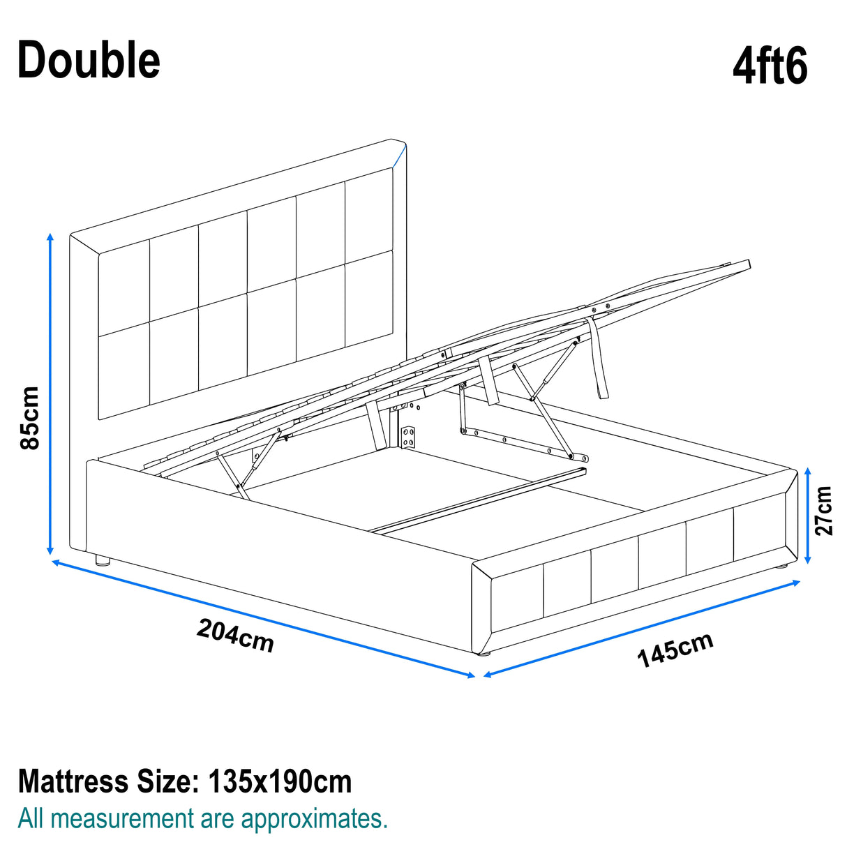 Diagram of a double bed with dimensions labeled