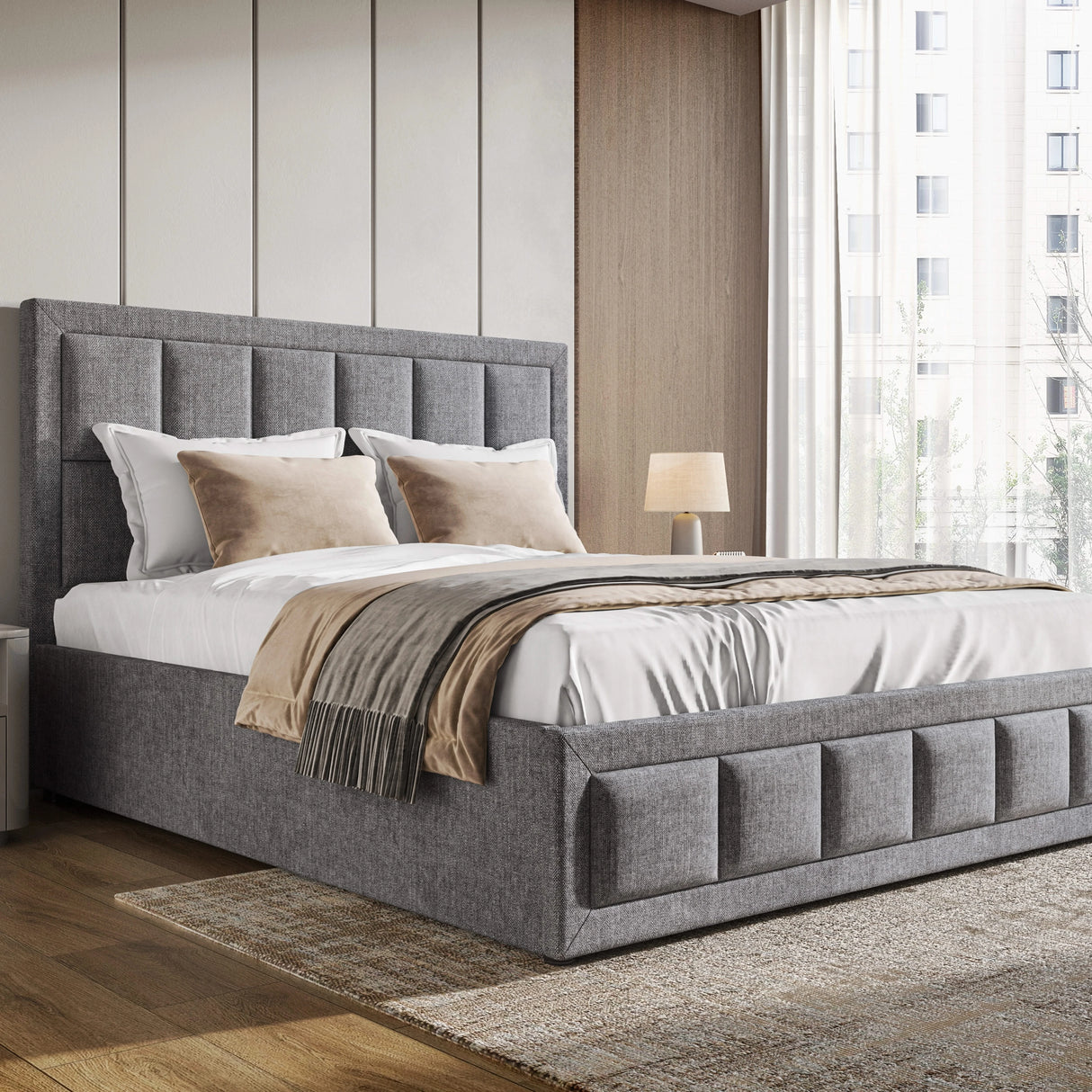 Linen ottoman bed side angle hero view in modern bedroom with wood panel wall and neutral bedding