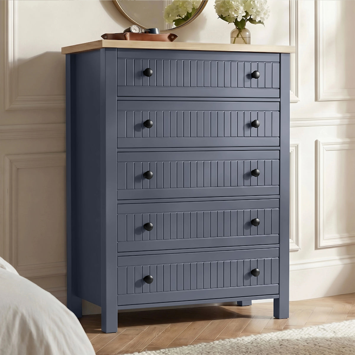 トップス draw drawers arm bolero navy Linra Painted Tall 5 Chest of Drawers - Blue Bedroom Drawers | DHS