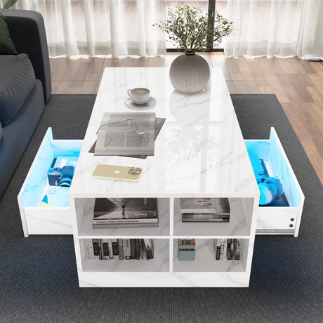 Led Coffee Table with Storage Drawers in white high gloss marble finish, featuring open shelves and blue LED-lit side drawers for modern living rooms.