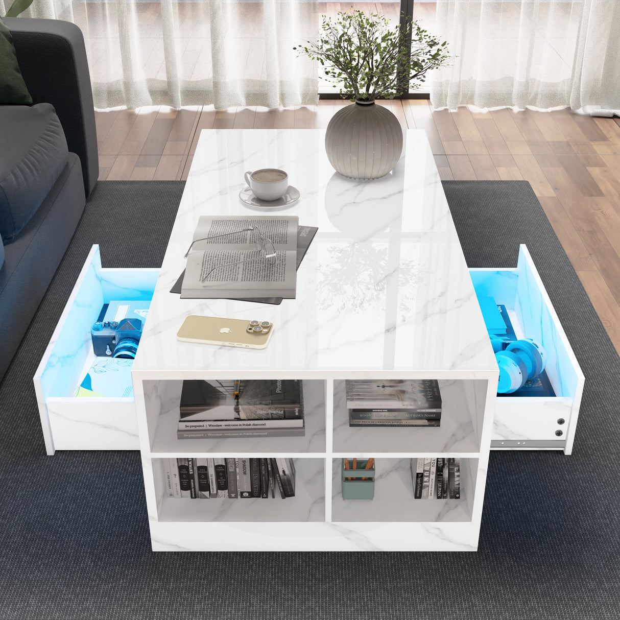Led Coffee Table with Storage Drawers in white high gloss marble finish, featuring open shelves and blue LED-lit side drawers for modern living rooms.