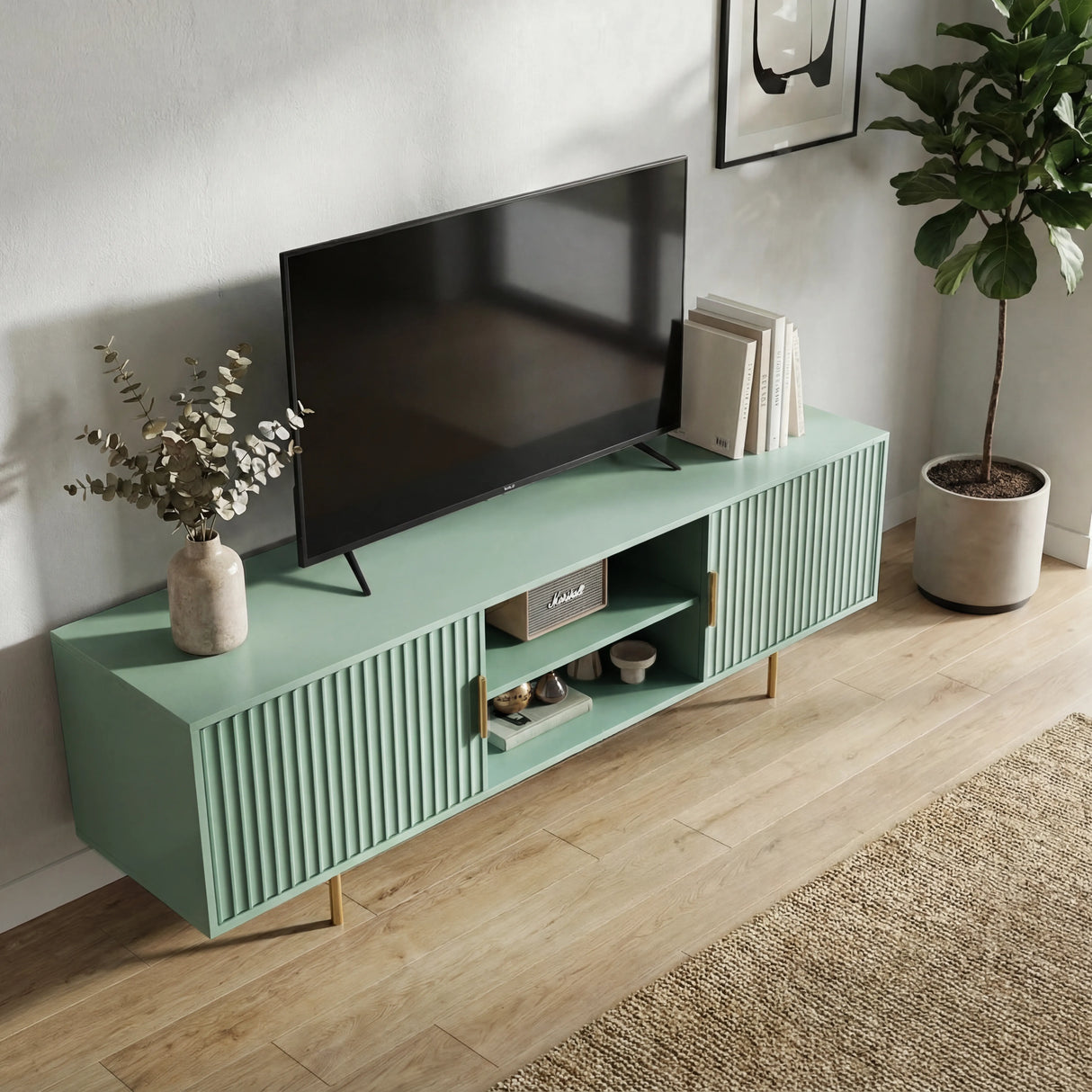 Green TV stand with fluted doors styled in a modern lounge, featuring home decor for a contemporary aesthetic.