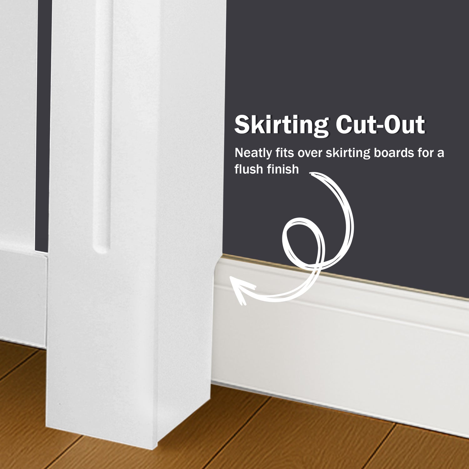 White skirting cut-out fitting neatly over skirting boards with text on a grey  background.